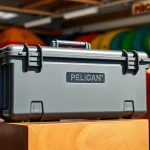 Examine a pelican gun case for sale, highlighting its durable design in a vibrant store setting.