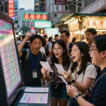Pemain yang bersemangat memeriksa tiket mereka untuk hasil HK Lotto di tengah kehidupan malam Hong Kong yang meriah.