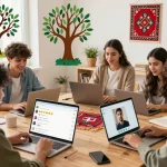 شات فلسطين engaging in lively online conversations representing Palestinian culture.