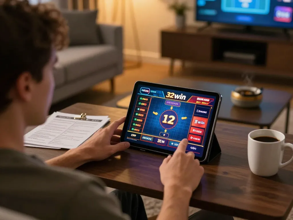 Engaging online gaming session featuring 32win 12, with a player immersed in casino gameplay on a tablet.