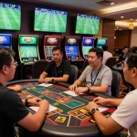 Pemain taruhan yang terlibat merancang strategi untuk hasil Judi Bola di area taruhan olahraga kasino yang ramai.
