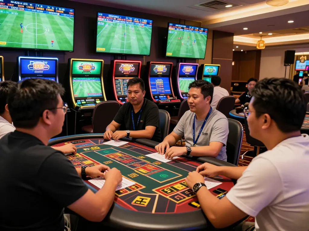 Pemain taruhan yang terlibat merancang strategi untuk hasil Judi Bola di area taruhan olahraga kasino yang ramai.
