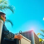 Technician providing Air Conditioning Repair Tampa services in a vibrant outdoor setting.