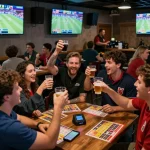 Tỷ lệ kèo nhà cái 5 showcased in an energetic sports betting environment with patrons celebrating victories.