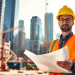 Manhattan Commercial General Contractor overseeing urban construction project with blueprints.