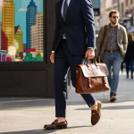 Stylish man showcasing men's fashion in a tailored suit on a vibrant city street.