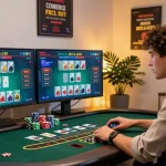 Player enjoying บาคาร่า in a modern online casino setup with vibrant screens and gaming decor.