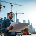 Manhattan Commercial General Contractor reviewing blueprints at a bustling urban construction site