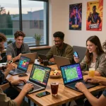 Friends enjoying online betting at OKFUN with live odds and a lively atmosphere.