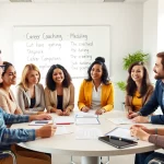 Group of professionals engaging in career coaching session with vibrant enthusiasm and collaboration