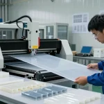 Technician inspecting semi-finished plastic sheets in a modern engineering plastics facility.