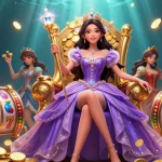 Experience immersive gameplay with Sunwin, featuring a glamorous casino princess amidst dazzling slot symbols.