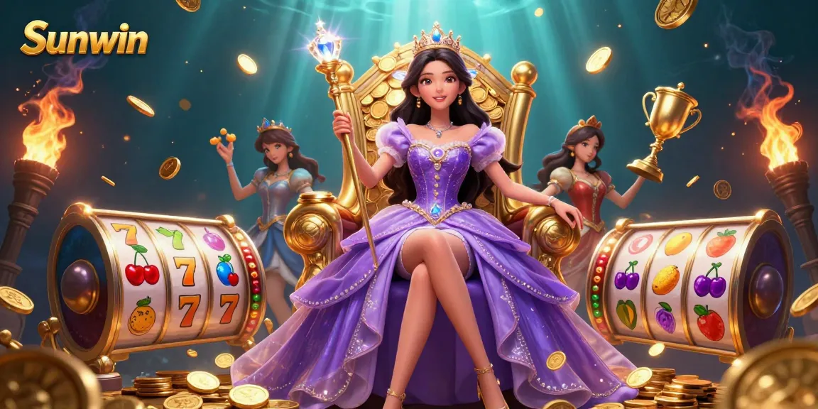 Experience immersive gameplay with Sunwin, featuring a glamorous casino princess amidst dazzling slot symbols.