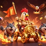 Daga88 rooster warlord in a chariot battles through a vibrant gambling scene filled with dynamic elements.