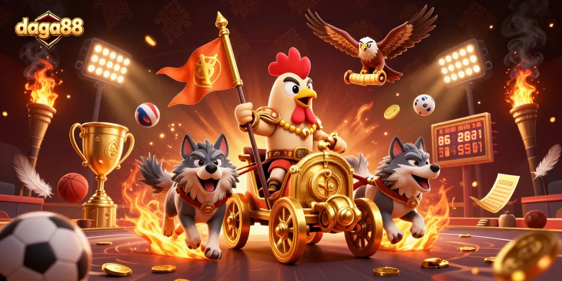 Daga88 rooster warlord in a chariot battles through a vibrant gambling scene filled with dynamic elements.