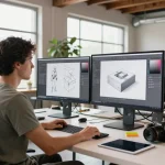 Designer turning an Image to 3D model in a vibrant studio space, showcasing creativity and digital artistry.