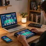 Engaging in online gaming on a tablet at home while using lc88 for betting strategies.
