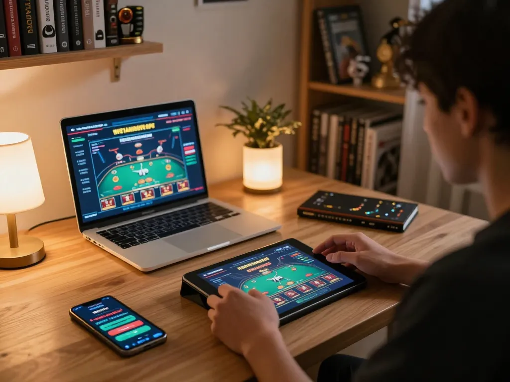 Engaging in online gaming on a tablet at home while using lc88 for betting strategies.