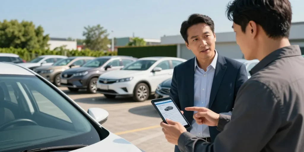Prospective buyer checking a vehicle history report as an HPI check alternative at a sunny car lot.