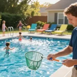 Dolphin Pool Services technician performing pool maintenance in a Virginia backyard with family enjoying their pool, highlighting quality and care.