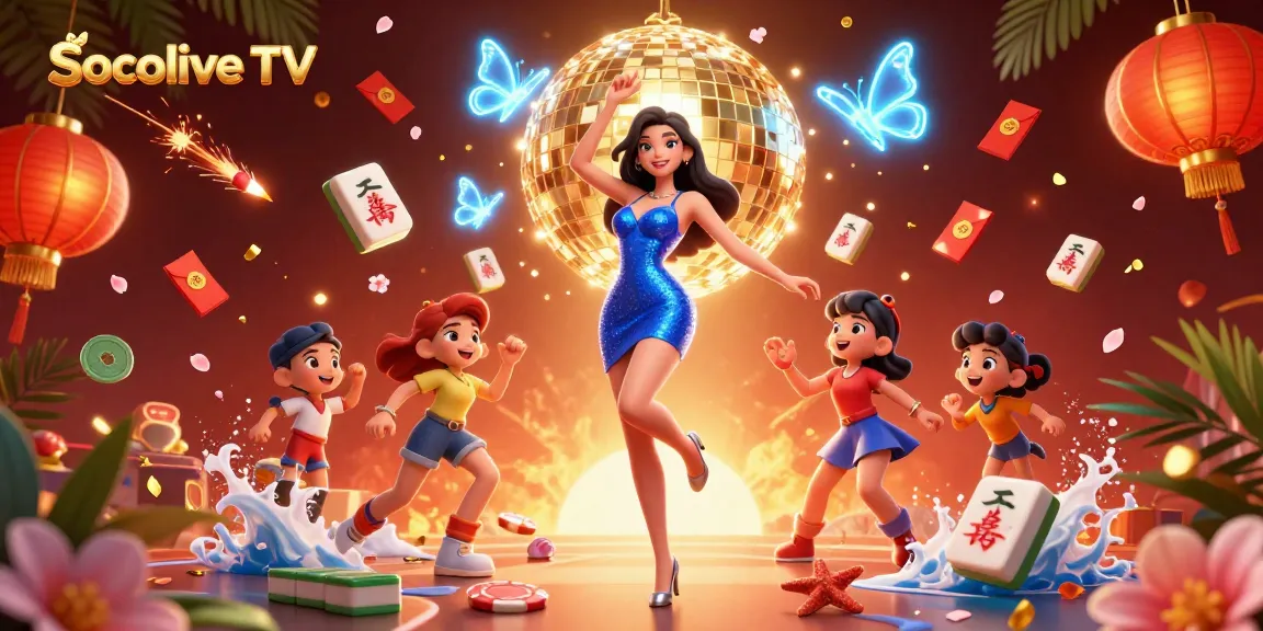 Socolive TV showcases dynamic betting excitement with a glamorous scene filled with interactive elements and visuals.