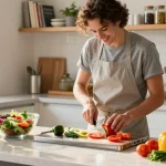Home cook preparing fresh vegetables on a titanium cutting board in a bright kitchen.