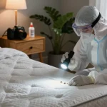 bed bug exterminators inspecting a cozy Milwaukee bedroom for hidden pests