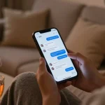 Cozy scene of a person using sexting AI on their smartphone, with ambient lighting and warm atmosphere.