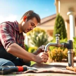 Find a qualified plumber near me fixing a faucet outside a charming home.