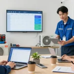 Efficient HVAC service software management scene with technicians scheduling and dispatching in a bright office.