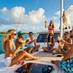 Enjoy a vibrant yacht charter Punta Cana experience aboard a luxury catamaran with tropical islands in the backdrop.