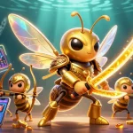 Engage in the thrill of U888 with a dynamic underwater scene featuring a golden hornet samurai and crypto elements.