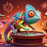 Mb66 showcases a vibrant casino scene with a playful chameleon owner and dynamic gaming elements.