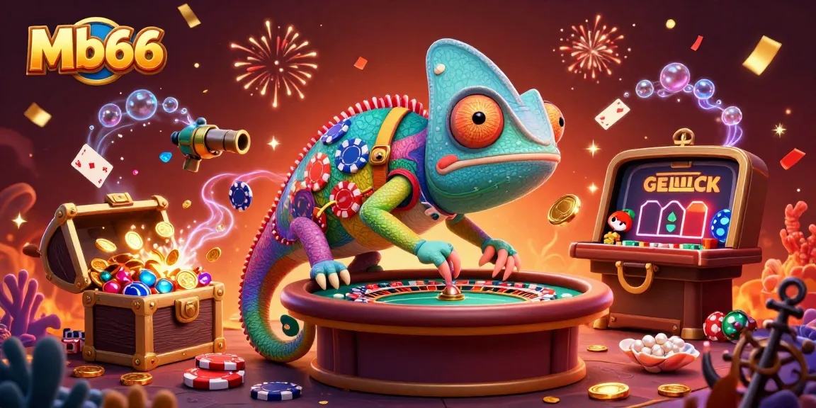 Mb66 showcases a vibrant casino scene with a playful chameleon owner and dynamic gaming elements.
