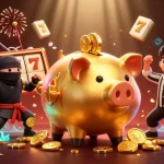 Experience the excitement of 123b casino with golden piggy bank summoning coins amidst vibrant gaming elements.