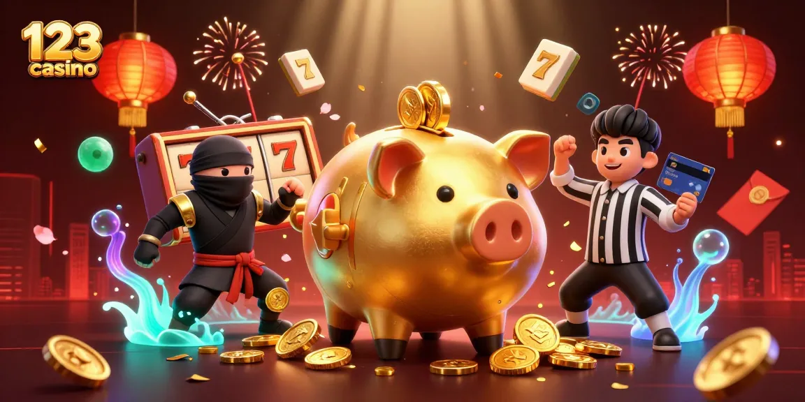 Experience the excitement of 123b casino with golden piggy bank summoning coins amidst vibrant gaming elements.