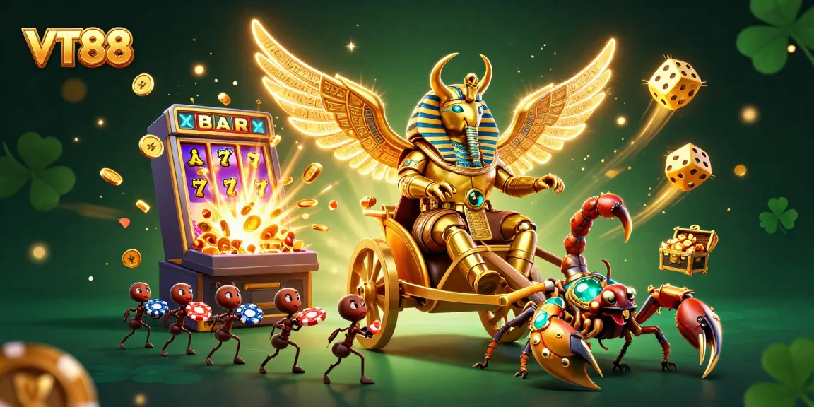 Experience winning excitement with VT88, an imaginative casino scene featuring an animated golden scarab and vibrant gaming elements.