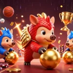 luck8 pangolins compete in a vibrant casino scene with poker chips and sports elements.