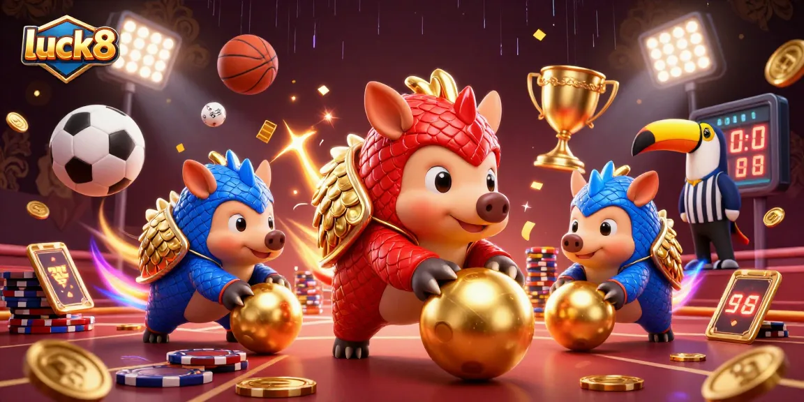 luck8 pangolins compete in a vibrant casino scene with poker chips and sports elements.