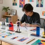 Custom acrylic stand designs on a vibrant workspace table showcasing creativity and innovation.