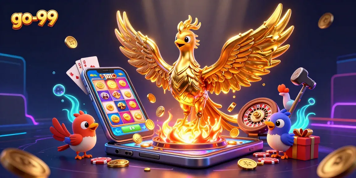 Experience thrilling wins at go-99 with an illustration featuring a golden phoenix, slot games, and vibrant casino elements.