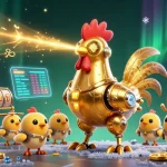 Experience excitement atTrang chủ As9 with a playful golden rooster robot and crypto coins in a vibrant casino scene.