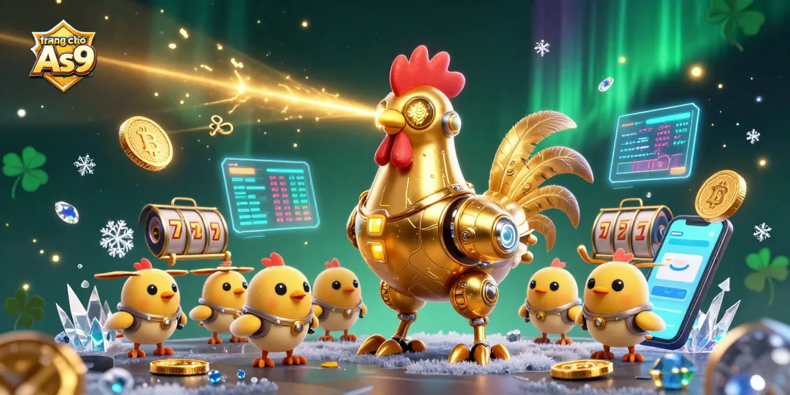 Experience excitement atTrang chủ As9 with a playful golden rooster robot and crypto coins in a vibrant casino scene.