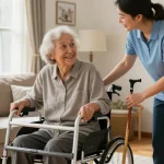 Buying nobility aids for seniors in a warm home environment with a caregiver offering support.