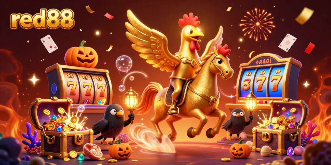 Spin to win at red88 with a dynamic 3D illustration featuring a golden rooster in a vibrant casino scene.