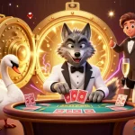 Win big with Lucky Win as a wolf plays baccarat, flanked by a swan dealer and penguin sommelier.