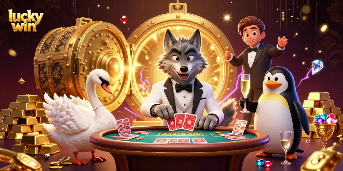 Win big with Lucky Win as a wolf plays baccarat, flanked by a swan dealer and penguin sommelier.