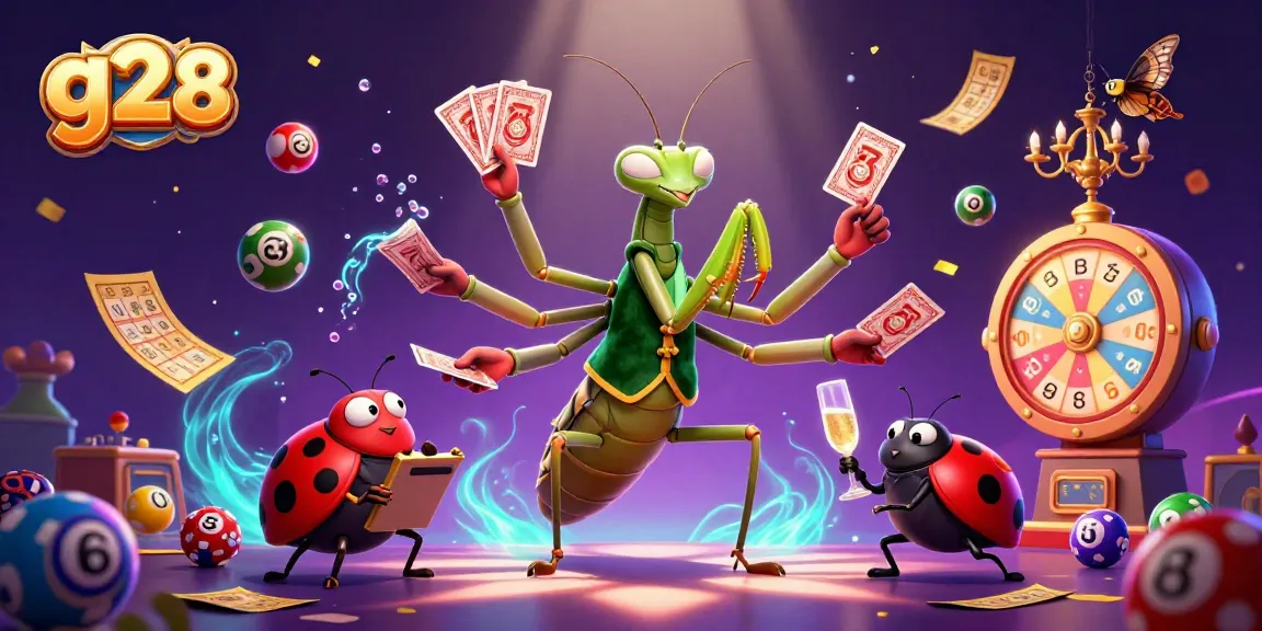 g28 casino scene with a giant mantis card sharp and ladybug boss amid vibrant gaming elements