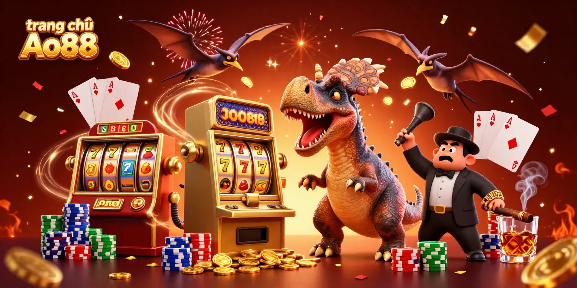 Experience the vibrant action of trang chủ Ao88 with a pachycephalosaurus winning jackpot coins from a slot machine!