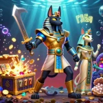 Experience dynamic gameplay at Trang Chủ kkwin with Anubis and Bastet amidst slot reels and treasure.